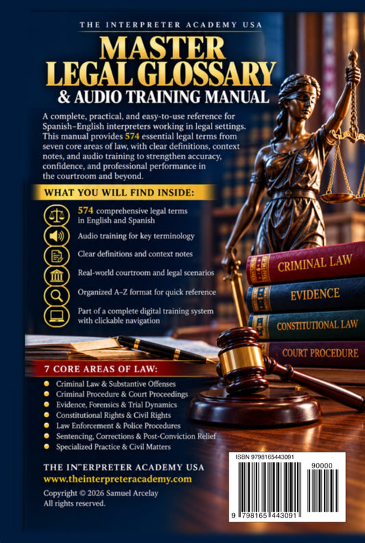 Master Legal Glossary & Audio Training Manual by Samuel Arcelay The Interpreter Academy USA, featuring 574 comprehensive legal terms from 7 core areas of law, and authentic training scenarios, FREE Digital Download at www.theinterpreteracademy.com