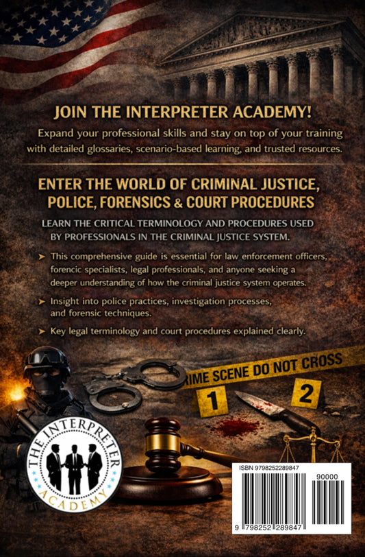 Legal Interpreter Training Manual: Criminal Justice, Police, Forensic Science and Courtroom Procedures is a practical resource for Spanish–English legal interpreters, law students, and paralegals who need to understand the terminology used throughout the criminal justice system.
The book focuses on the language used by police officers, investigators, forensic specialists, attorneys, and judges. All material is written in alternating English–Spanish text, allowing readers to strengthen professional vocabula