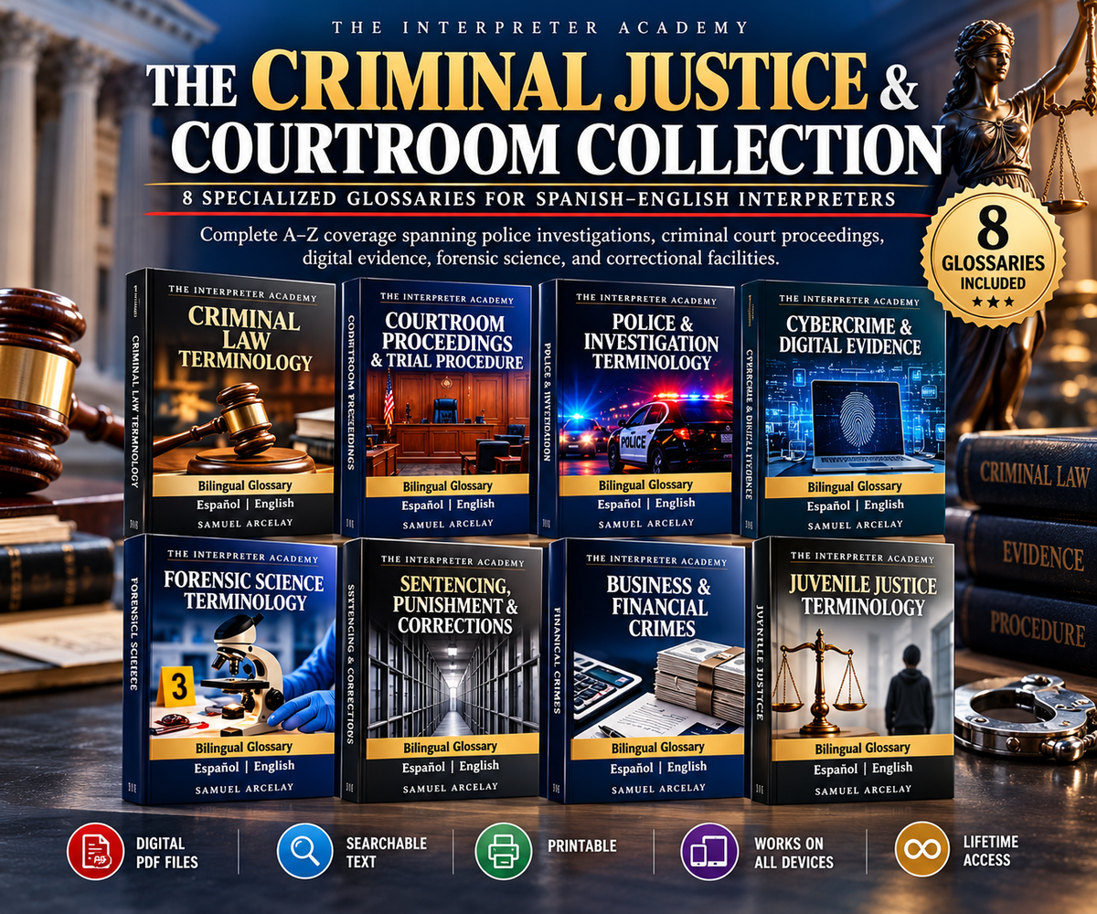 Specialized Interpreter Glossary Collections
Searchable, digital PDF reference suites engineered specifically for working court and medical interpreters, legal translators, and certification candidates. the interpreter academy
