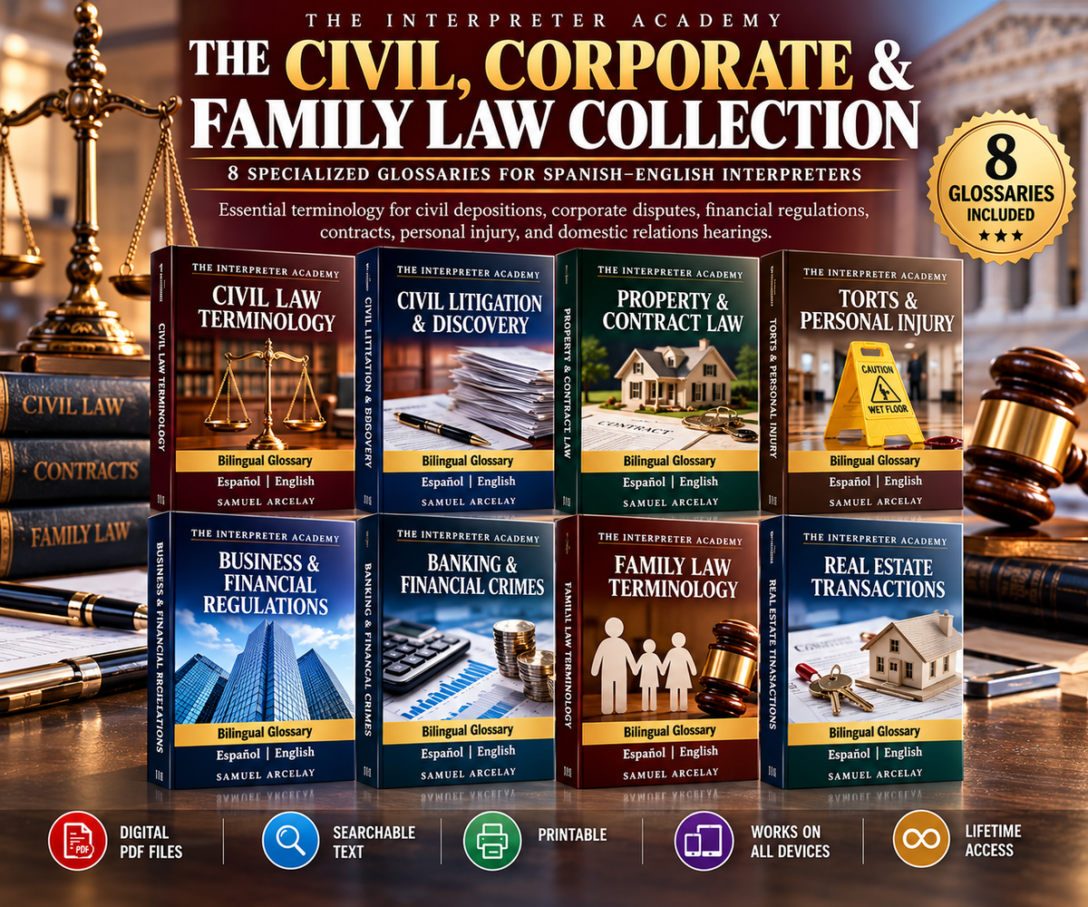 Specialized Interpreter Glossary Collections
Searchable, digital PDF reference suites engineered specifically for working court and medical interpreters, legal translators, and certification candidates. the interpreter academy