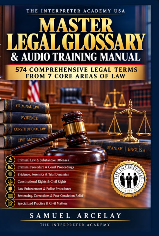 Master Legal Glossary & Audio Training Manual by Samuel Arcelay The Interpreter Academy USA, featuring 574 comprehensive legal terms from 7 core areas of law, and authentic training scenarios, FREE Digital Download at www.theinterpreteracademy.com