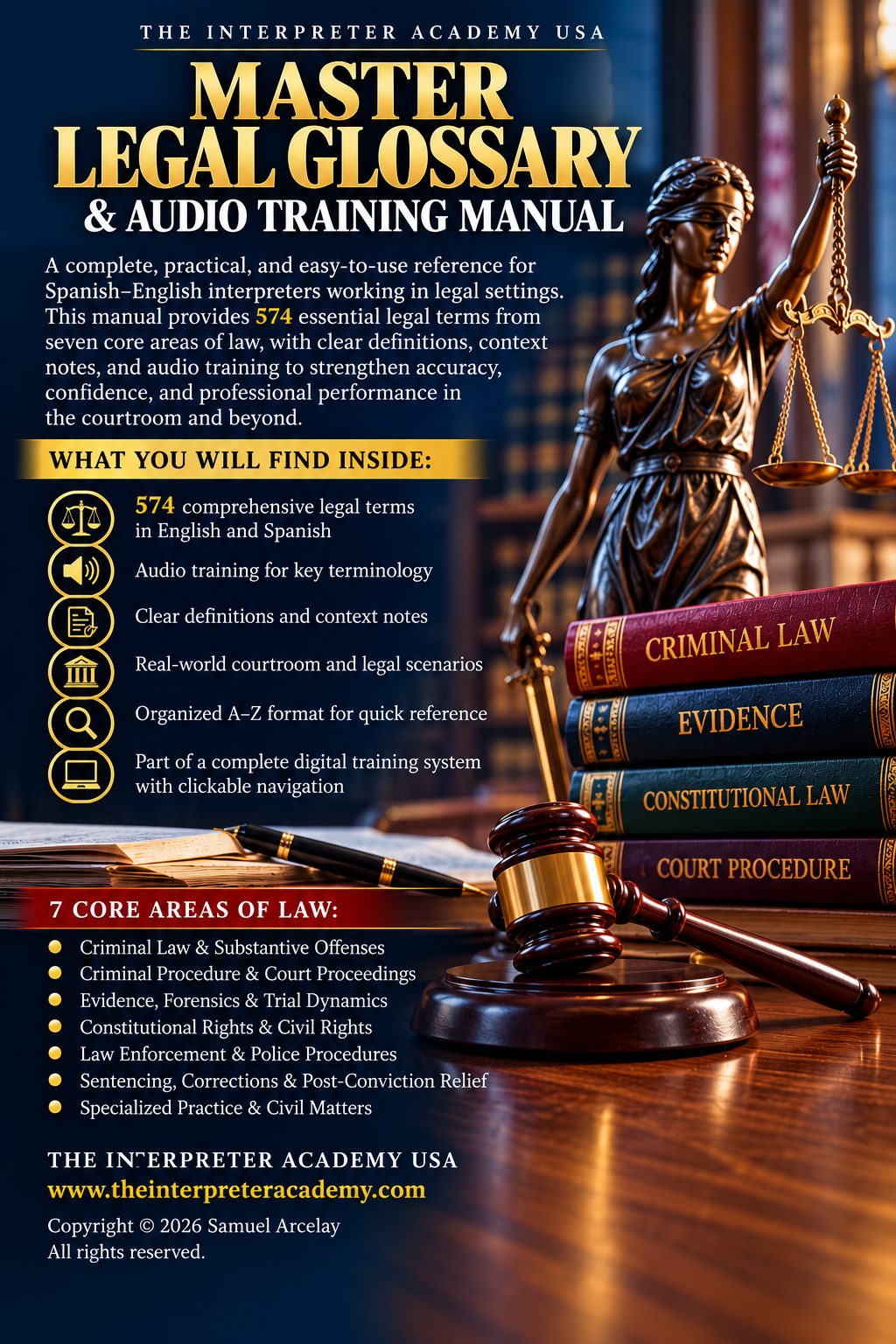Master Legal Glossary &Audio Training Manual

Spanish–English Reference Edition with 574 Core Legal Terms &amp; Embedded Audio Links