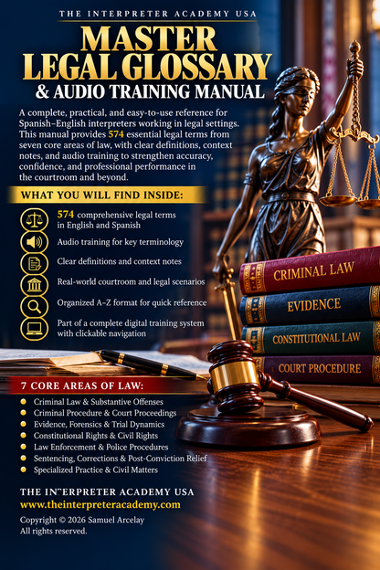Master Legal Glossary &Audio Training Manual

Spanish–English Reference Edition with 574 Core Legal Terms &amp; Embedded Audio Links