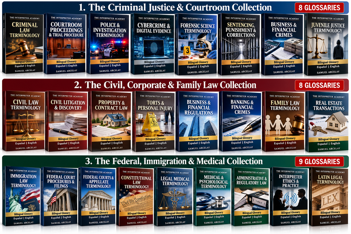 Specialized Interpreter Glossary Collections

Searchable, digital PDF reference suites engineered specifically for working court and medical interpreters, legal translators, and certification candidates. the interpreter academy