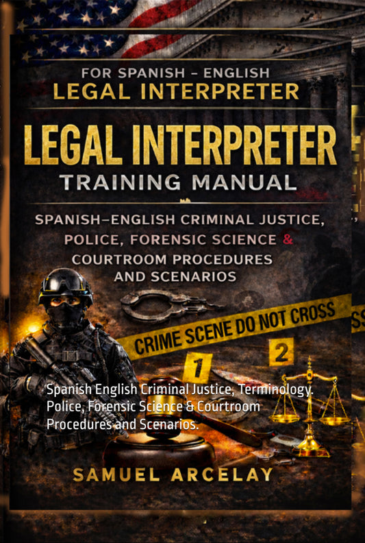 Summary

Legal Interpreter Training Manual: Criminal Justice, Police, Forensic Science and Courtroom Procedures is a practical resource for Spanish–English legal interpreters, law students, and paralegals who need to understand the terminology used throughout the criminal justice system.

The book focuses on the language used by police officers, investigators, forensic specialists, attorneys, and judges. All material is written in alternating English–Spanish text, allowing readers to strengthen professional