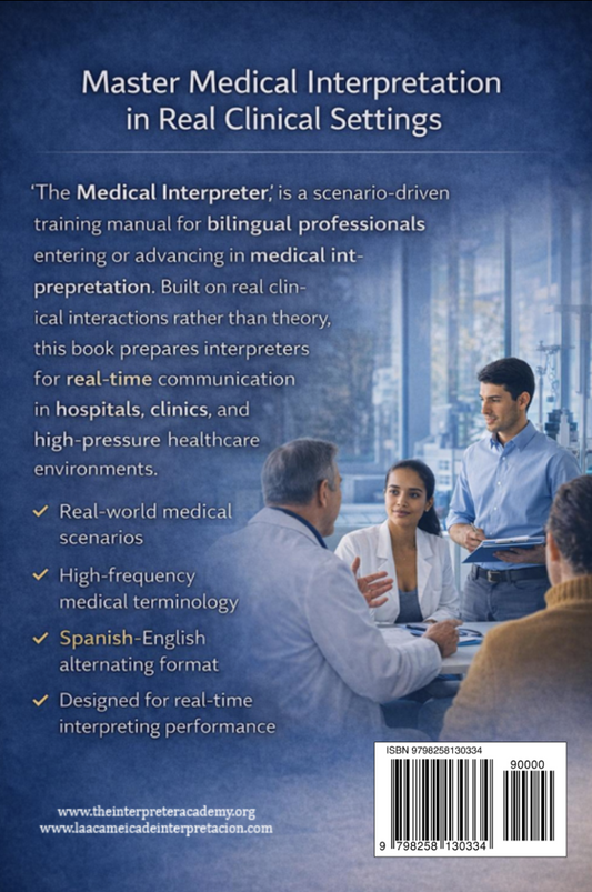 The Medical Interpreter book by Samuel Arcelay & The Interpreter Academy Professional Spanish English medical terminology and alternating drills for certification & peak performance.
