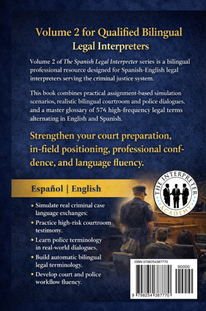 Summary
The Spanish Legal Interpreter Vol 2: Criminal Court & Police Procedures is a comprehensive professional reference designed for aspiring and practicing Spanish-English legal interpreters, as well as law students and bilingual legal professionals. This volume bridges the gap between theoretical terminology and real-world courtroom application by focusing on criminal court and police procedures through authentic training scenarios. Written in both Spanish and English, the text alternates between the tw