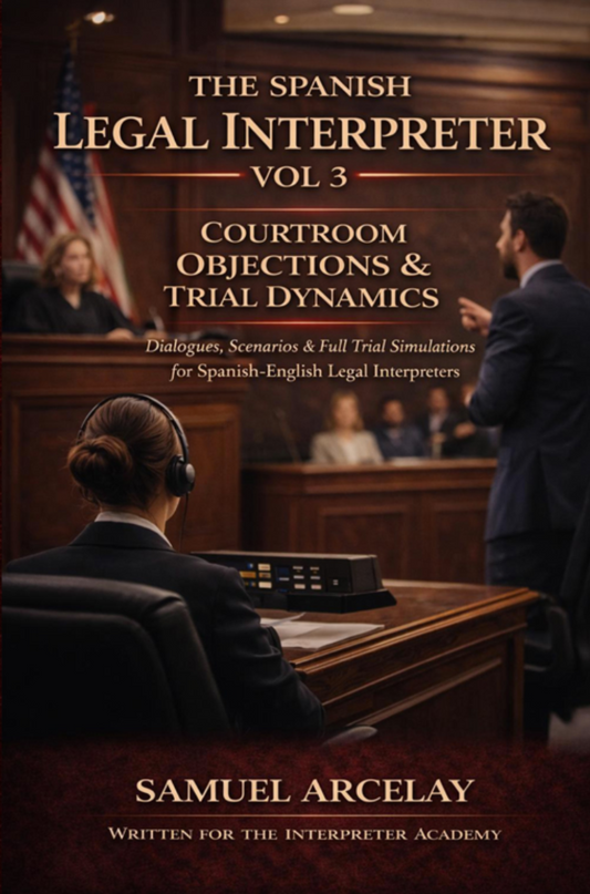 The Spanish Legal Interpreter — Vol 3: Courtroom Objections & Trial Dynamics is an advanced training manual for Spanish-English legal interpreters, bilingual court professionals, and law students seeking mastery in live trial settings. This volume focuses on objections, judicial interruptions, cross-examination, witness control language, sidebar exchanges, and real-time courtroom dynamics. Written in alternating Spanish and English, it strengthens bilingual fluency, precision, and speed under pressure.